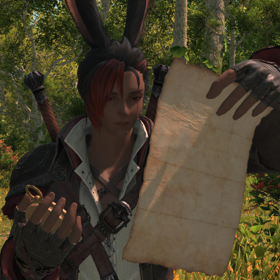 A male Viera from Final Fantasy XIV. He black hair with red highlights pulled into a braid, red eyes, and has a vertical scar across his left eye. He is wearing the level 100 Viper armor from the Dawntrail expansion, and is holding a compass in one hand an